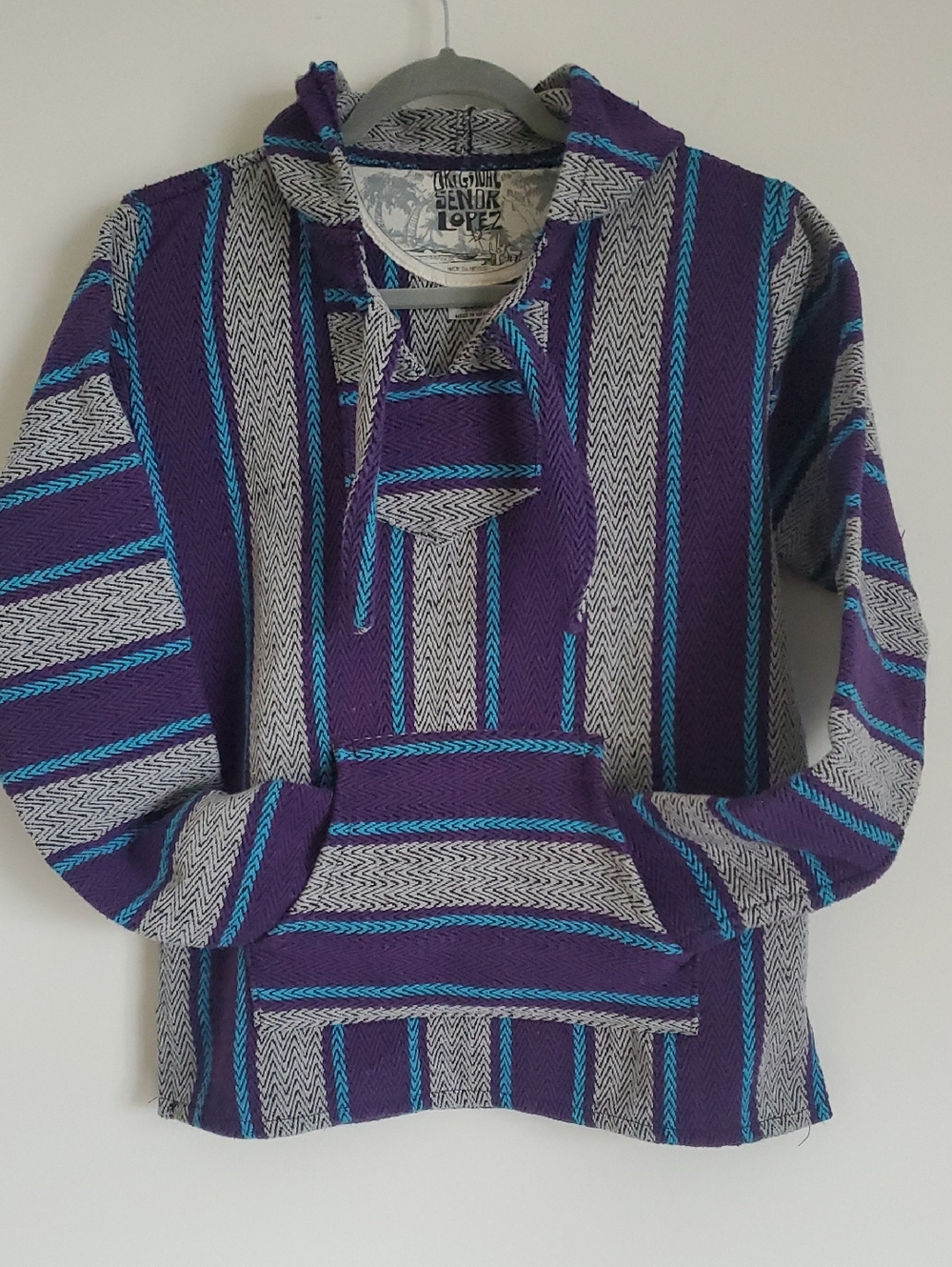 Vintage 90s Señor Lopez Baja Hoodie Purple Teal Mexican Blanket Surf Grunge
